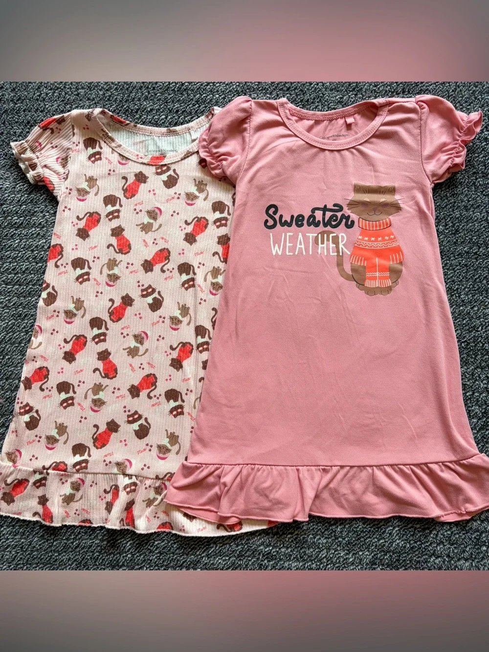 Baby Girl 2T Pink Nightgown Bundle - Cat Themed One Piece Pajamas, Lot Of 2